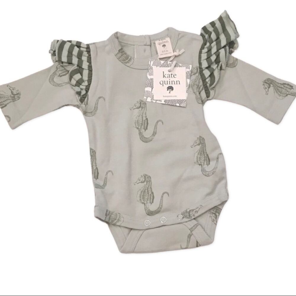 Kate Quinn | Long Sleeve Organic Cotton Onesie Seahorses and Ruffles 0-3M